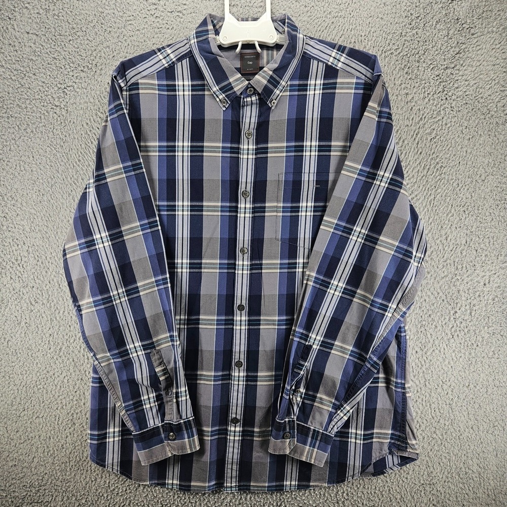 Gap Mens XL Blue Gray Plaid Long Sleeve Cotton Twill Button Down Shirt
